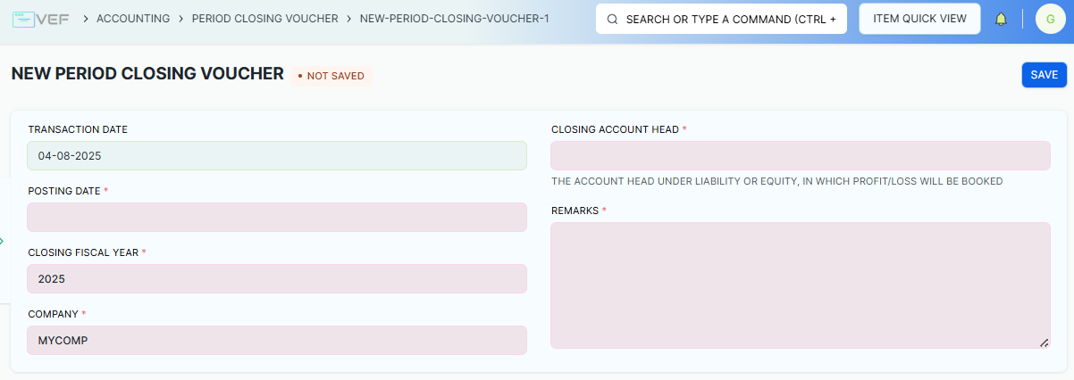 new period closing voucher page
